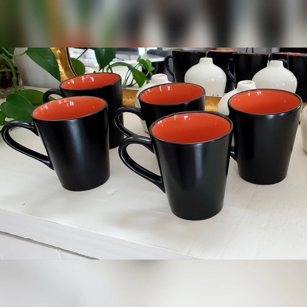 Pier 1, Set of 5, Ebony Rim Coral Colorblock Stoneware Coffee Cups, 14oz, EUC